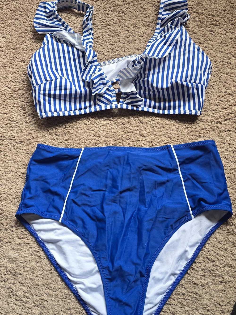High-Waist Blue Striped Bikini Set - Women's Two-Piece Swimwear